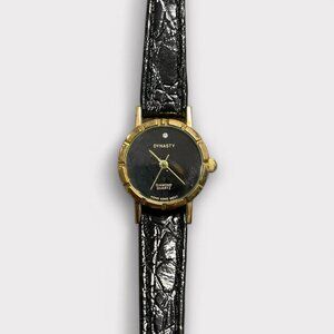 Vintage Dynasty Gold & Black Quartz Watch – Genuine Leather Strap